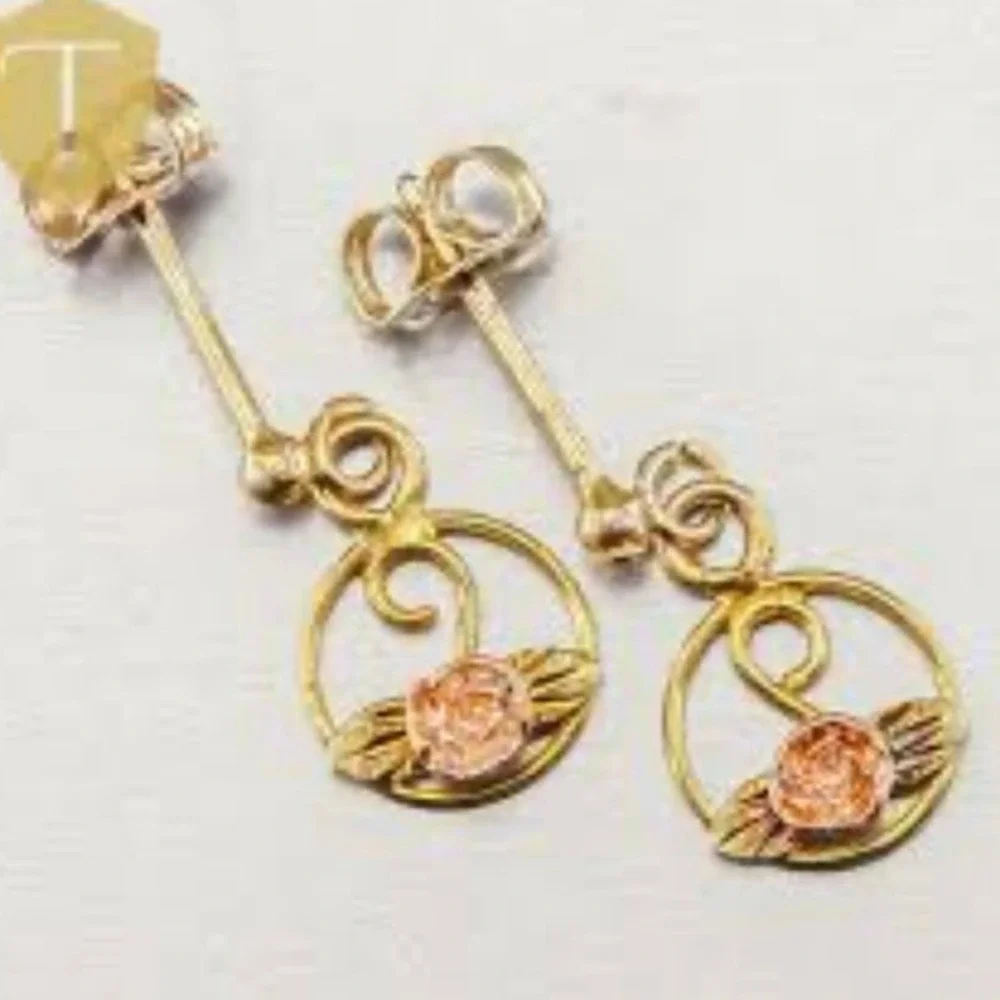 Black Hills Gold RGC 14K Vintage Marked Rose Flower Dangle Petite Earrings